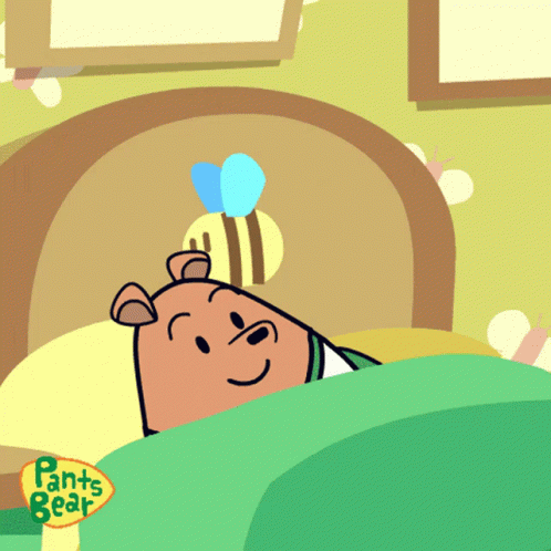 A Cartoon Of A Bear Laying On A Bed With Pants Bear On The Bottom GIF