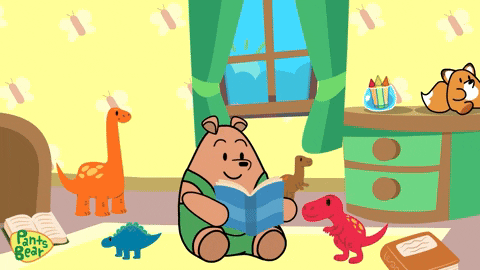 A Cartoon Of A Bear Reading A Book With Pants Bear Written On The Bottom Right GIF