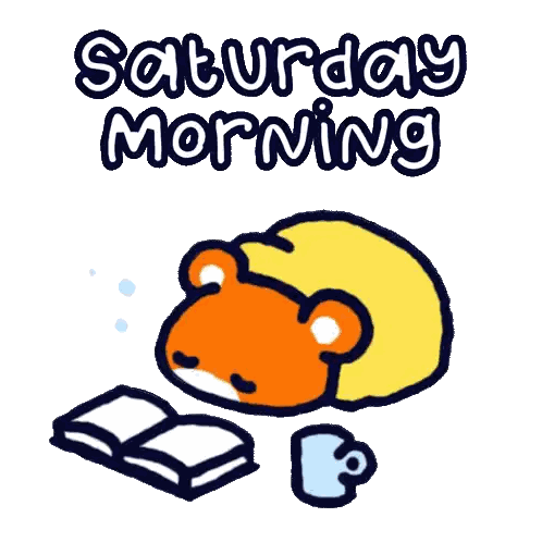 a cartoon of a bear reading a book with the words saturday morning written above it
