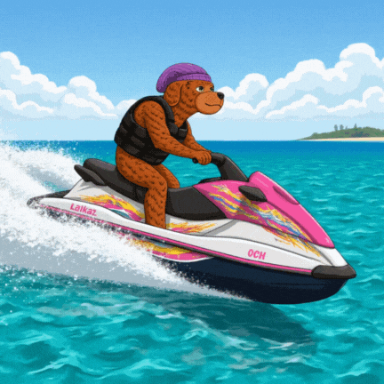 A Cartoon Of A Bear Riding A Jet Ski With Och On The Side GIF