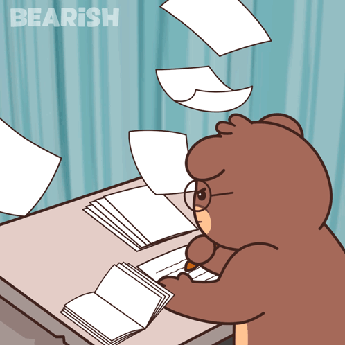 A Cartoon Of A Bear Sitting At A Desk With Papers Falling Around Him And The Word Bearish Above Him GIF