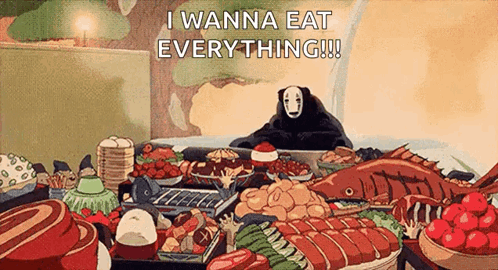 A Cartoon Of A Bear Sitting At A Table With A Lot Of Food And Saying `` I Wanna Eat Everything '' . GIF