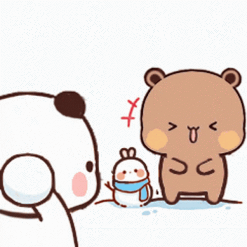 A Cartoon Of A Bear Standing Next To A Snowman GIF