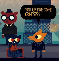 A Cartoon Of A Bear Talking To A Cat Asking If They Are Up For Some Crimes GIF