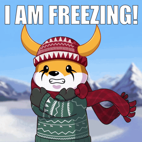 A Cartoon Of A Bear Wearing A Scarf And Sweater With The Words I Am Freezing GIF