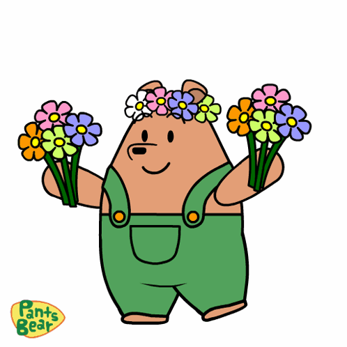 A Cartoon Of A Bear Wearing Overalls And A Flower Crown GIF