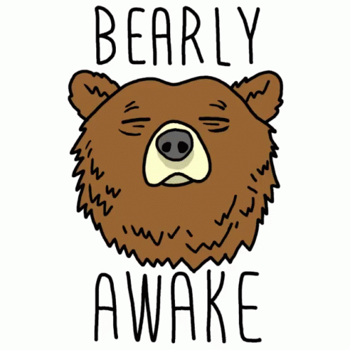 A Cartoon Of A Bear With The Words " Bearly Awake " Written Below It GIF