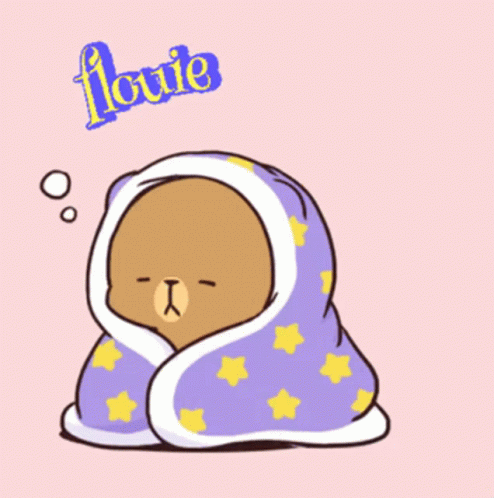 A Cartoon Of A Bear Wrapped In A Purple Blanket With The Word Flowe Written On It GIF