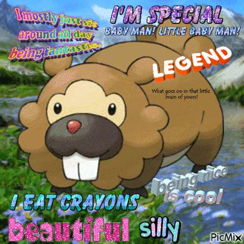 A Cartoon Of A Beaver Says I 'M Special Baby Man Little Baby Man I Eat Crayons Beautiful Silly GIF