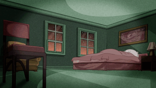 A Cartoon Of A Bedroom With A Bed And A Chair GIF