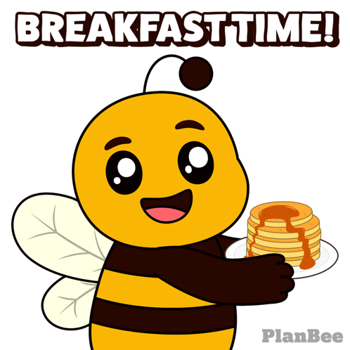 A Cartoon Of A Bee Holding A Plate Of Pancakes With The Words Breakfast Time Above It GIF