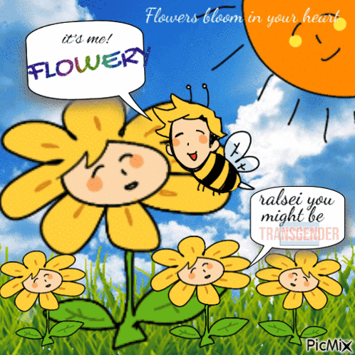 a cartoon of a bee talking to a flower that says " it 's me flowery "