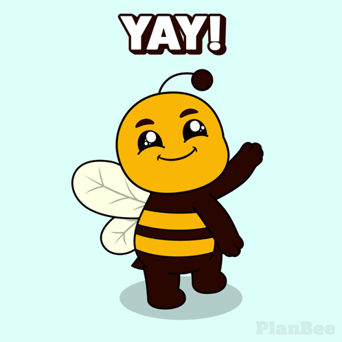 a cartoon of a bee with the words yay on top