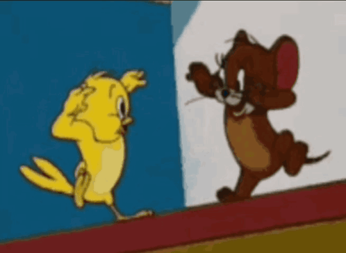 A Cartoon Of A Bird And A Mouse Holding Hands With The Words Thank You Above Them GIF