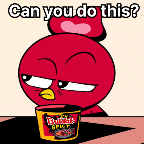 a cartoon of a bird holding a cup of bukkik spicy noodles