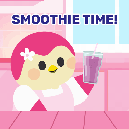 A Cartoon Of A Bird Holding A Smoothie And The Words Smoothie Time GIF