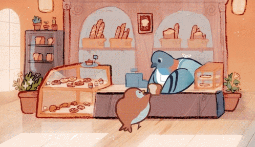 A Cartoon Of A Bird Standing In Front Of A Bakery Counter GIF