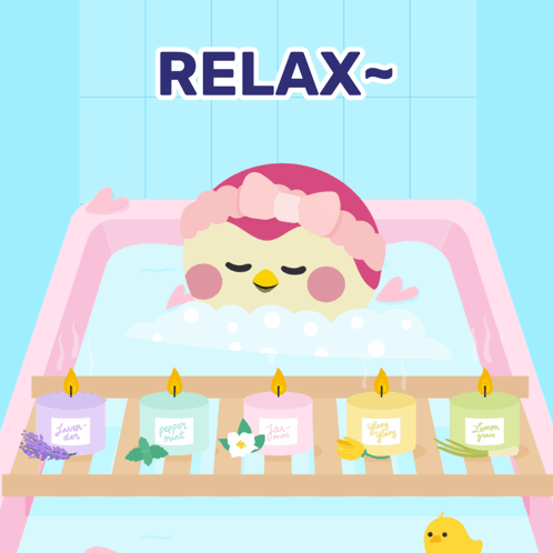 A Cartoon Of A Bird Taking A Bath With Candles On A Shelf Underneath The Words Relax GIF