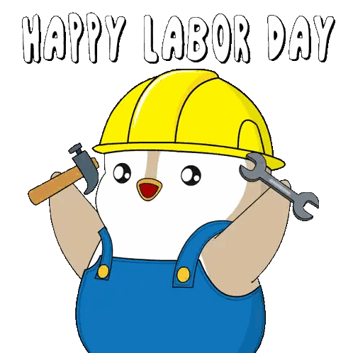 a cartoon of a bird wearing overalls and a hard hat holding a hammer and wrench says happy labor day