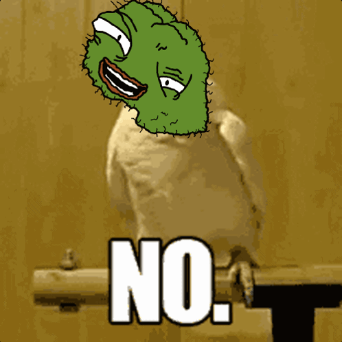 A Cartoon Of A Bird With A Green Face And The Word No On It GIF
