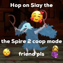 A Cartoon Of A Bird With A Smiley Face On Its Head And The Words Hop On Slay The Spire 2 Coop Mode GIF