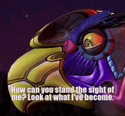 A Cartoon Of A Bird With The Words " How Can You Stand The Sight Of Me Look At What I 'Ve Become " Below It GIF