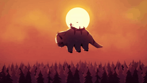 A Cartoon Of A Bison Flying In The Air With The Sun Behind It GIF