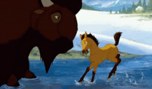A Cartoon Of A Bison Standing Next To A Horse In The Water GIF