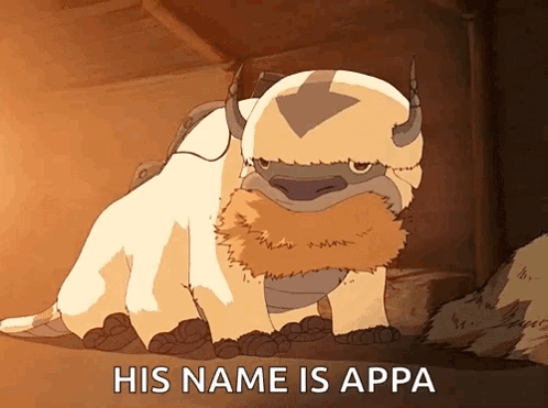 A Cartoon Of A Bison With The Words His Name Is Appa Written Below It GIF