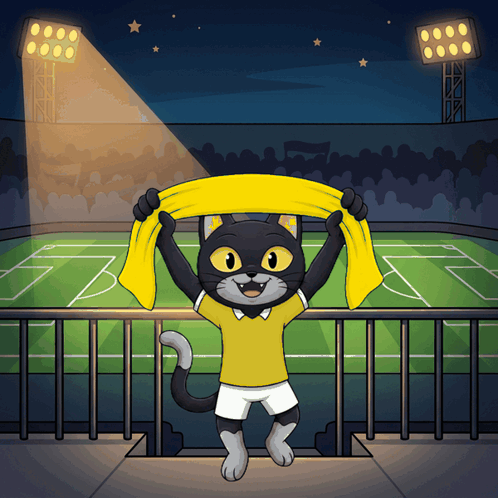 A Cartoon Of A Black Cat Holding A Yellow Scarf In Front Of A Soccer Field GIF