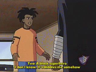 A Cartoon Of A Black Superhero Talking To Another Person GIF