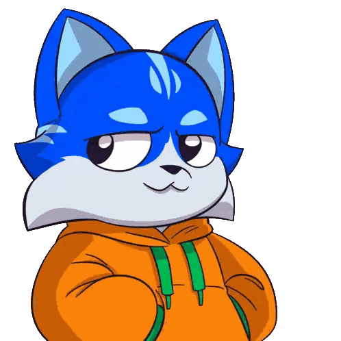 a cartoon of a blue and gray cat wearing an orange hoodie