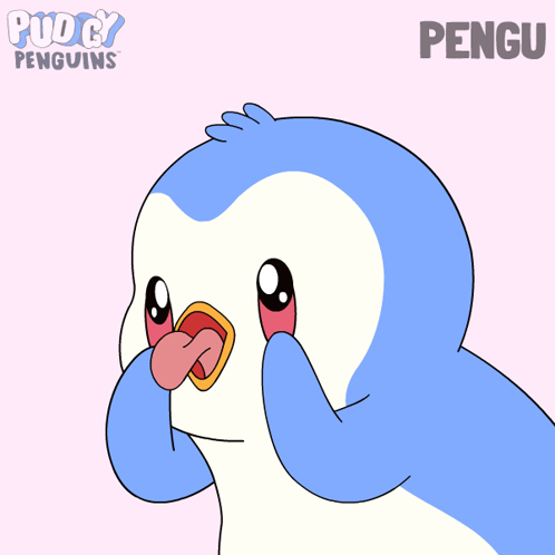 A Cartoon Of A Blue And White Penguin With The Name Pengu On The Bottom GIF