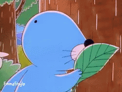 a cartoon of a blue animal holding a green leaf with the words emmastyle below it