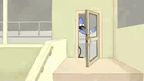 A Cartoon Of A Blue Bird With A Long Beak Is Standing In Front Of A Window GIF