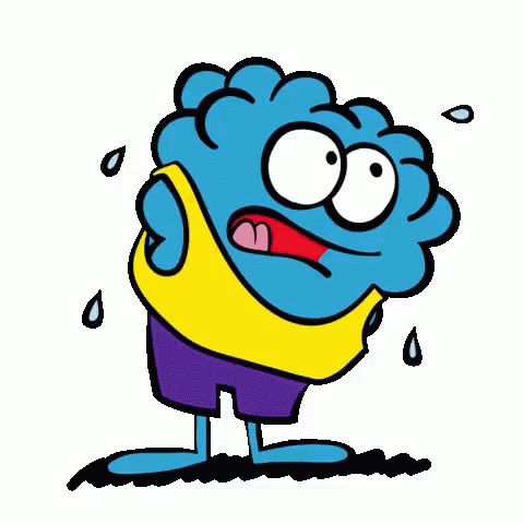 A Cartoon Of A Blue Brain Wearing A Yellow Shirt And Purple Shorts . GIF