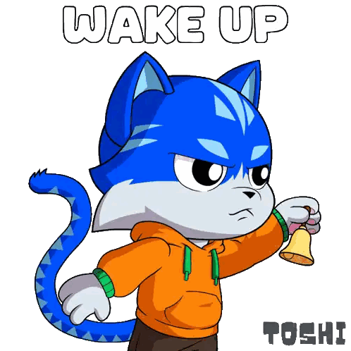 a cartoon of a blue cat holding a bell with the words wake up above it