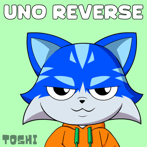 A Cartoon Of A Blue Cat Holding A Red Uno Card With The Words Uno Reverse Above It GIF
