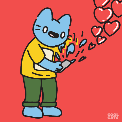 A Cartoon Of A Blue Cat With Hearts Coming Out Of His Chest By Cool Cats GIF