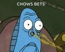A Cartoon Of A Blue Fish With Big Eyes And The Words `` Chows Bets '' Written On It . GIF