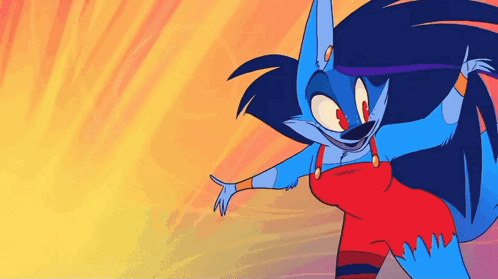 A Cartoon Of A Blue Fox With Long Black Hair GIF