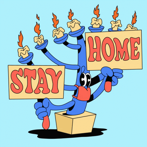 A Cartoon Of A Blue Monster Holding A Sign That Says Stay Home GIF
