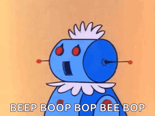 A Cartoon Of A Blue Robot With The Words `` Beep Boop Bop Bee Bop '' Written Below It . GIF