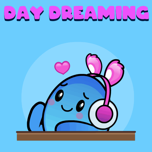 A Cartoon Of A Blue Whale Wearing Pink Headphones With The Words Day Dreaming Below It GIF