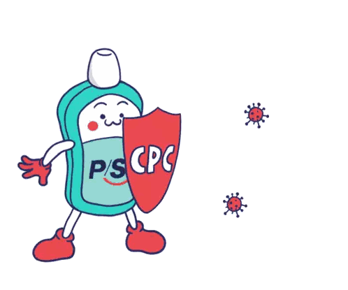 a cartoon of a bottle of ps holding a red shield