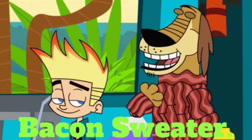 a cartoon of a boy and a dog with the words bacon sweater on the bottom