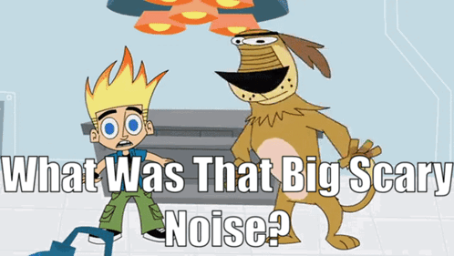 A Cartoon Of A Boy And A Dog With The Words " What Was That Big Scary Noise " GIF