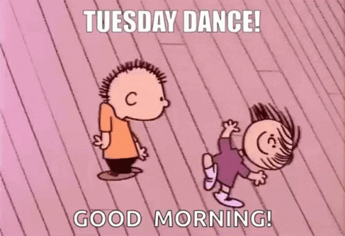 A Cartoon Of A Boy And A Girl Dancing On A Wooden Floor With The Words Tuesday Dance Good Morning . GIF