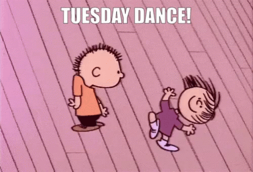 A Cartoon Of A Boy And A Girl Dancing With The Words Tuesday Dance On The Bottom GIF