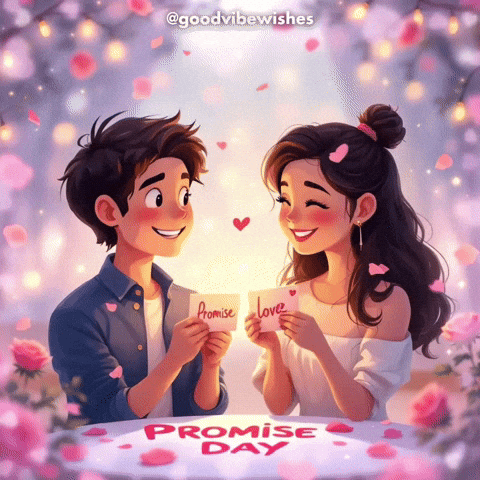 A Cartoon Of A Boy And A Girl Holding A Sign That Says " Promise Love " GIF